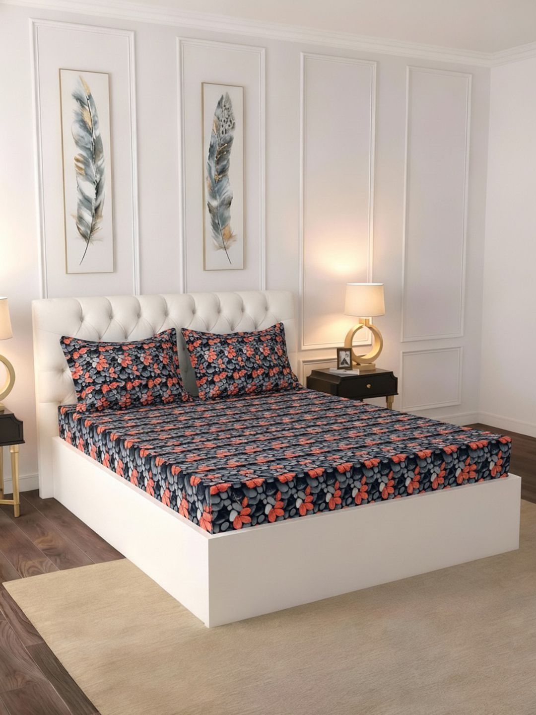 Raymond Home Raymond Home Navy Blue & Red Floral 100 TC Bedsheet with 2 Pillow Covers