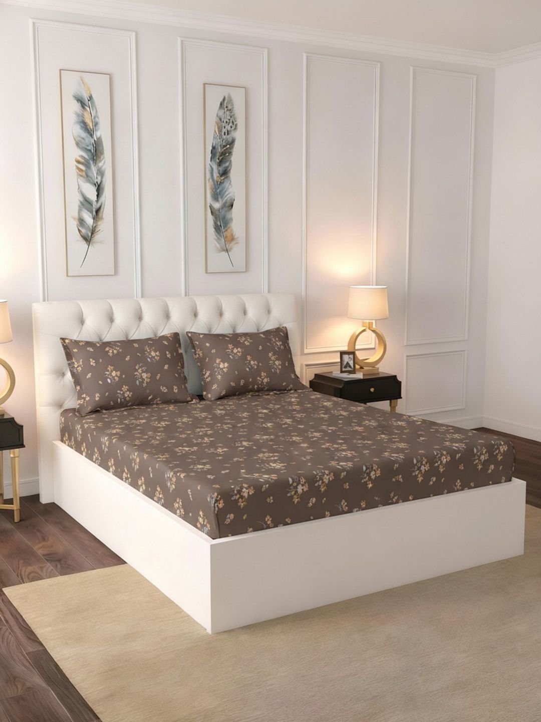Raymond Home Brown Floral 100 TC King Bedsheet with 2 Pillow Covers