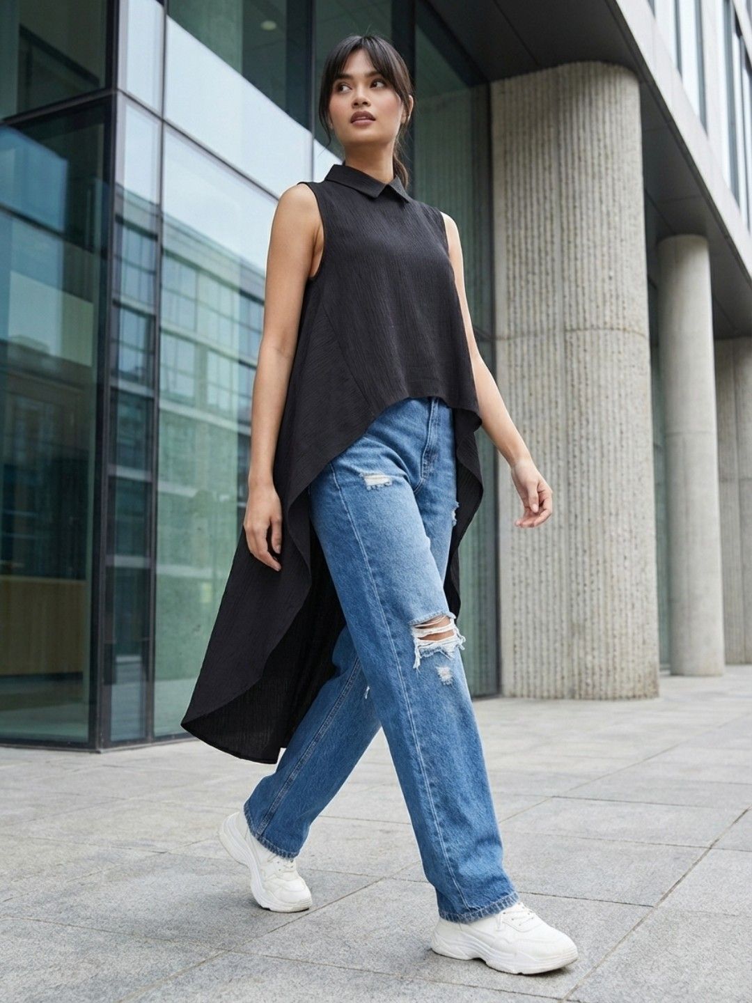 Buy glitchez Shirt Collar High-Low Hem Longline Top - Tops for