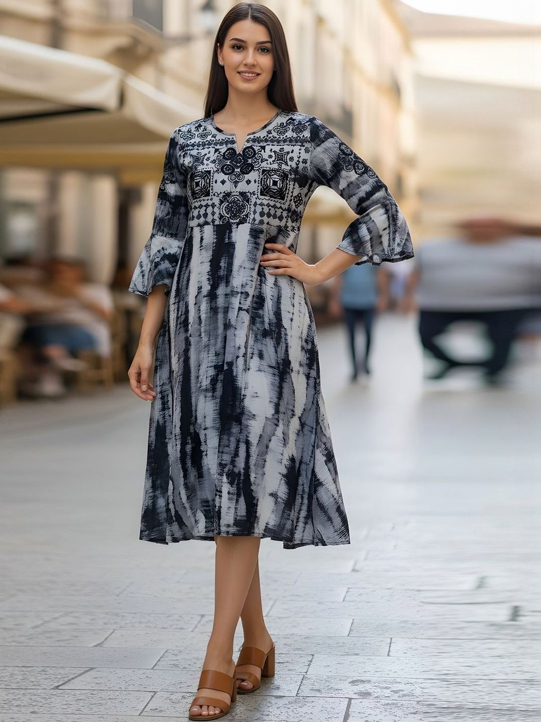 Buy Zolo Label Tie and Dye Print Flared Sleeve A-Line Midi Dress