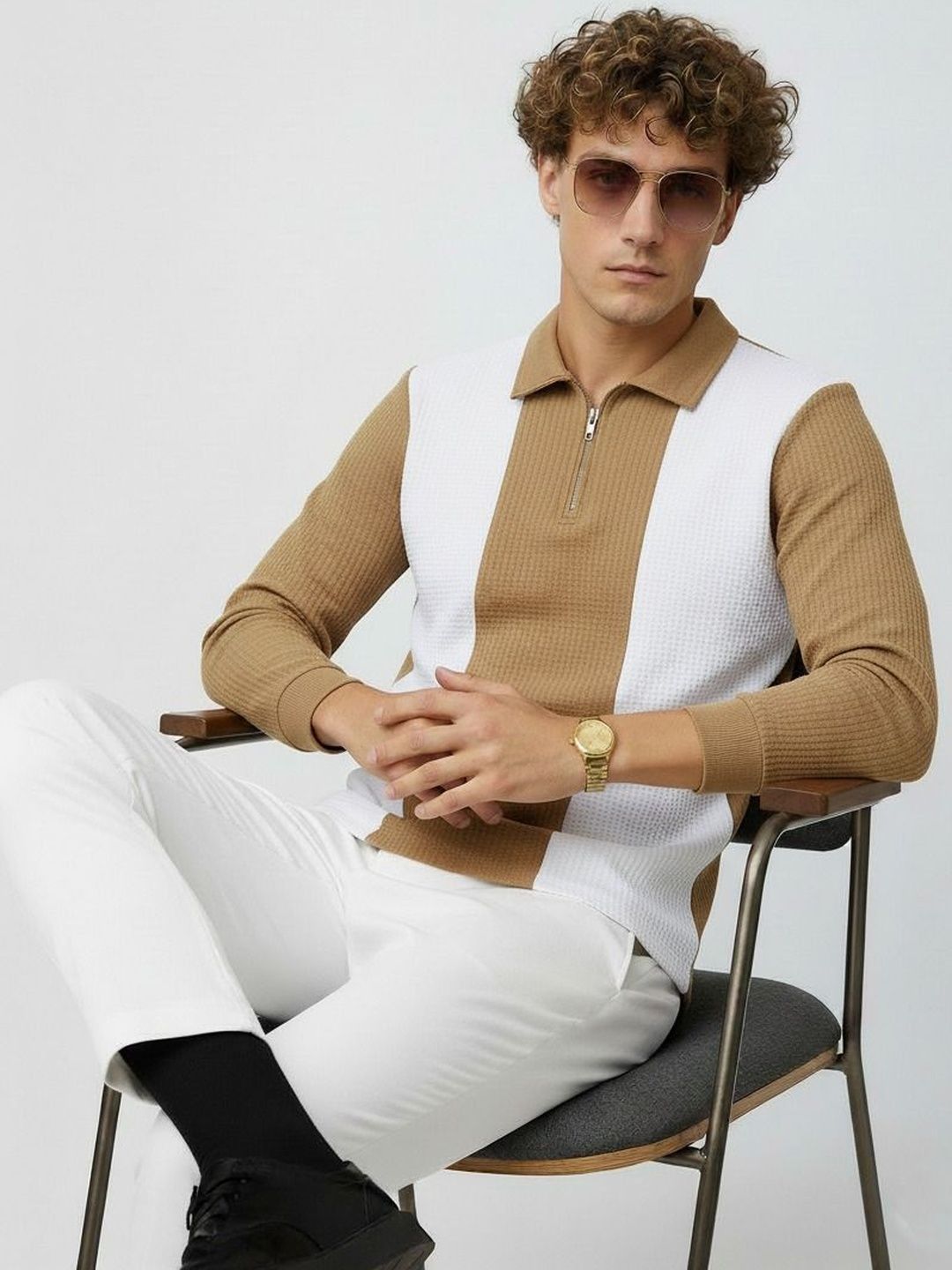 Try This Men Colourblocked Polo Collar T-shirt