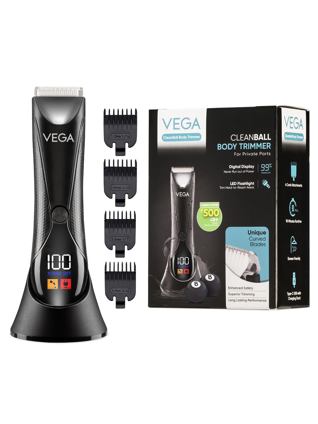VEGA Men VHTH-33 Cleanball Body Trimmer for Intimate Area - Black
