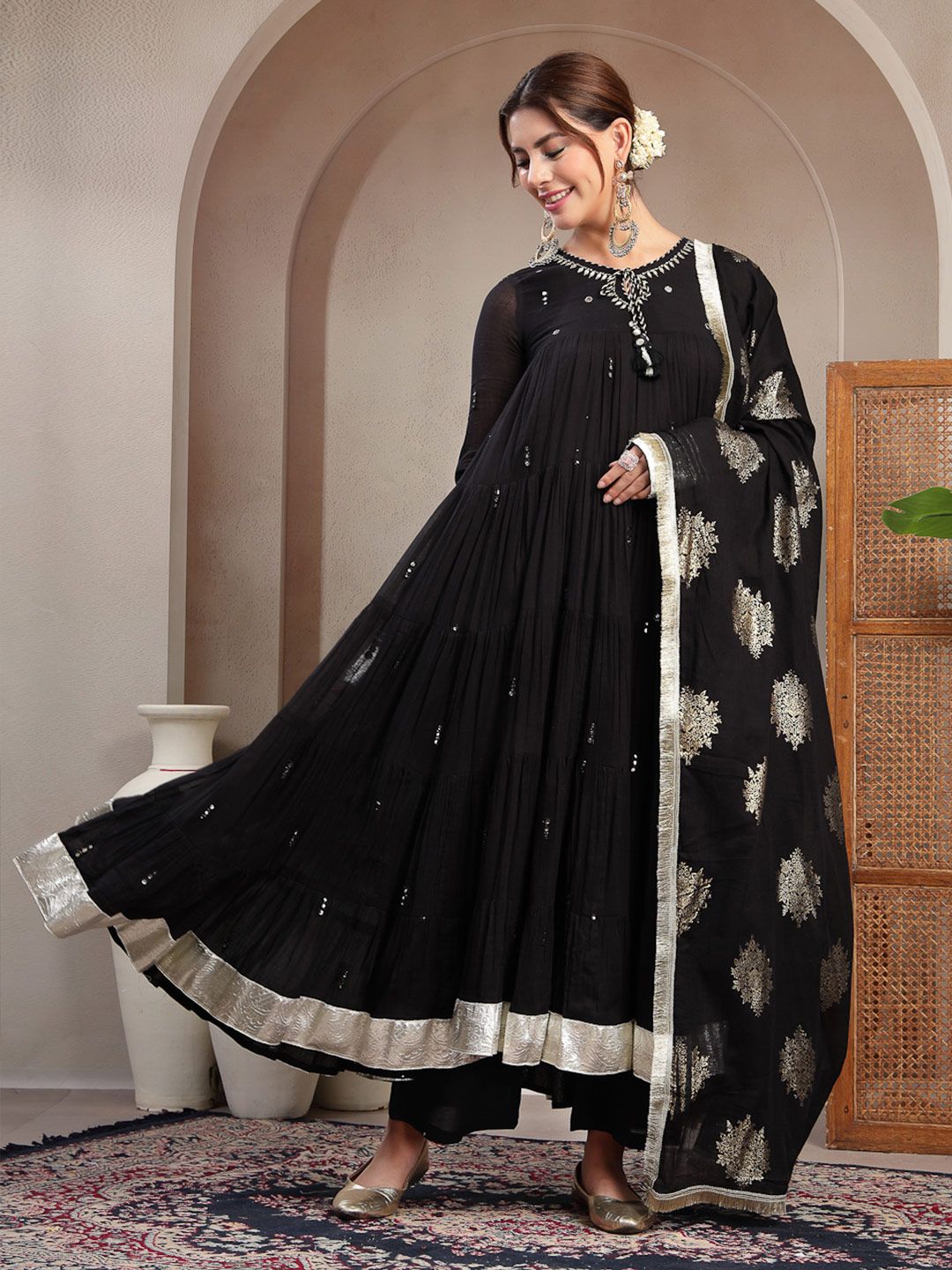 Anouk Women Ethnic Motifs Embroidered Tiered Gotta Patti Pure Cotton Kurta with Trousers & With