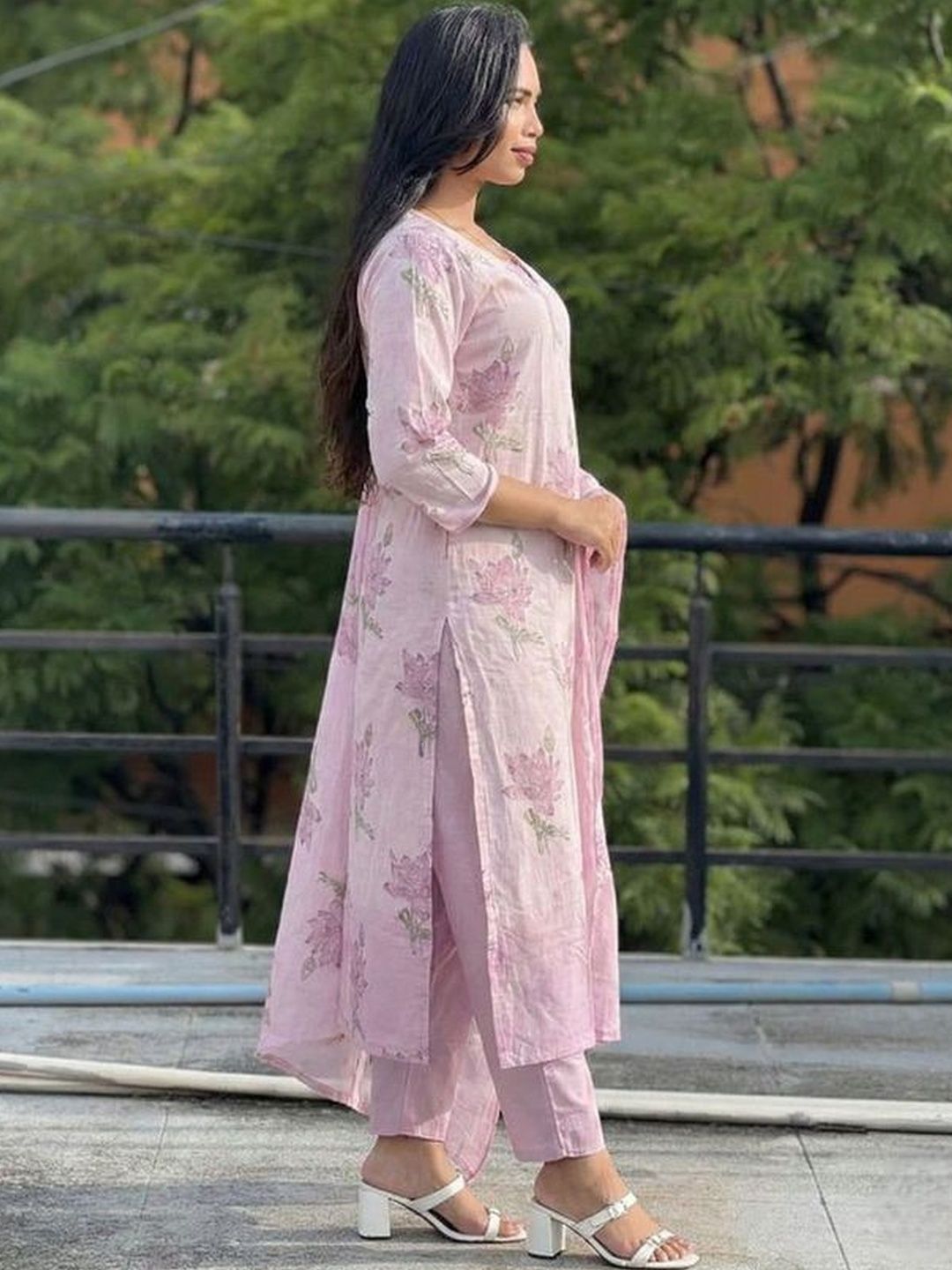 Moda Rapido Women Floral Printed Regular Chanderi Cotton Kurta with Trousers & With Dupatta