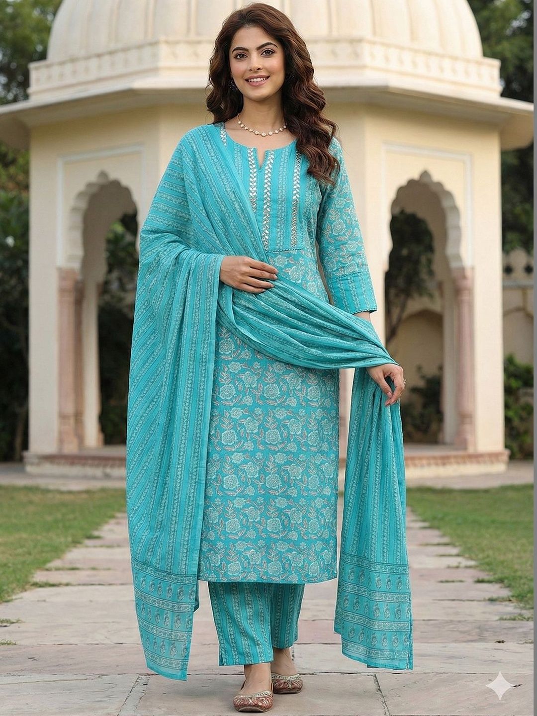 Anouk Women Floral Printed Regular Thread Work Pure Cotton Kurta with Trousers & With Dupatta