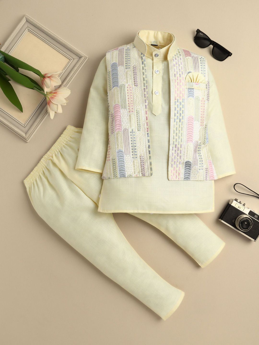 Sangria Boys Cotton Mandarin Collar Kurta & Pyjamas with Embroidered Jacket Set
