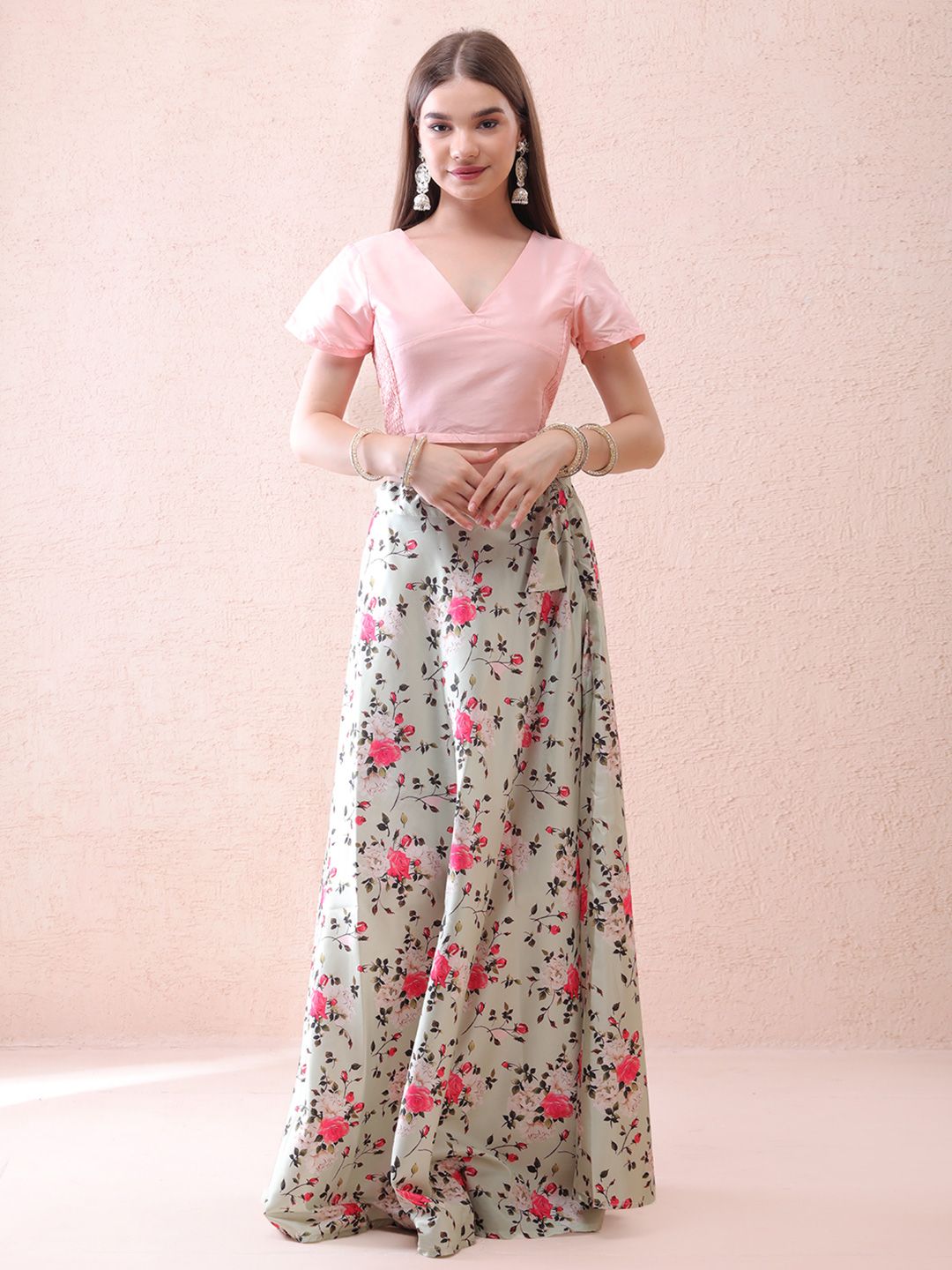 Frolic Rolic Floral Printed Silk Skirt and Solid Silk Blouse Set