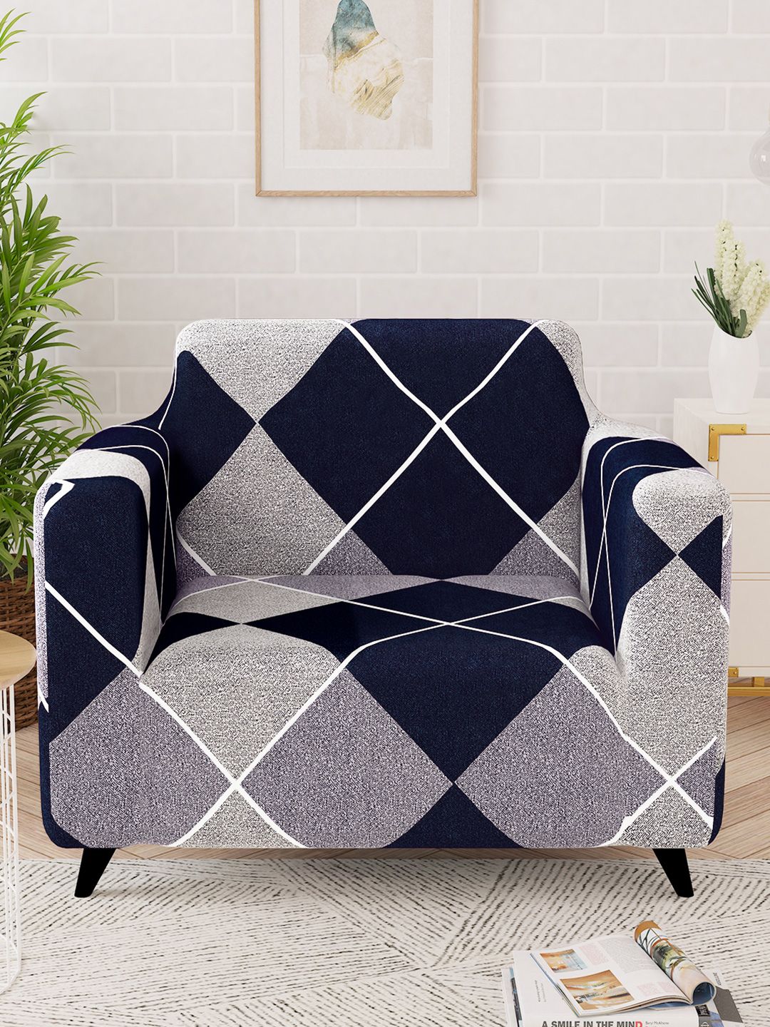 Story@home Story@home Stretchable Geometric Polyester Straight Single Seater Sofa Cover-35x55In