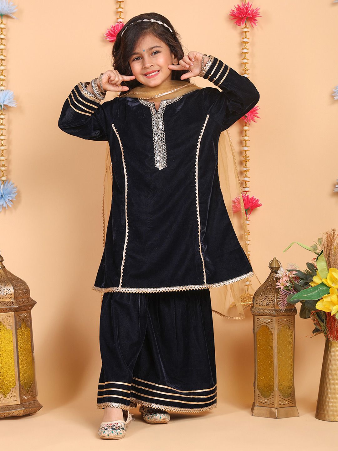 Superminis Girls Regular Velvet Kurta with Sharara & With Dupatta