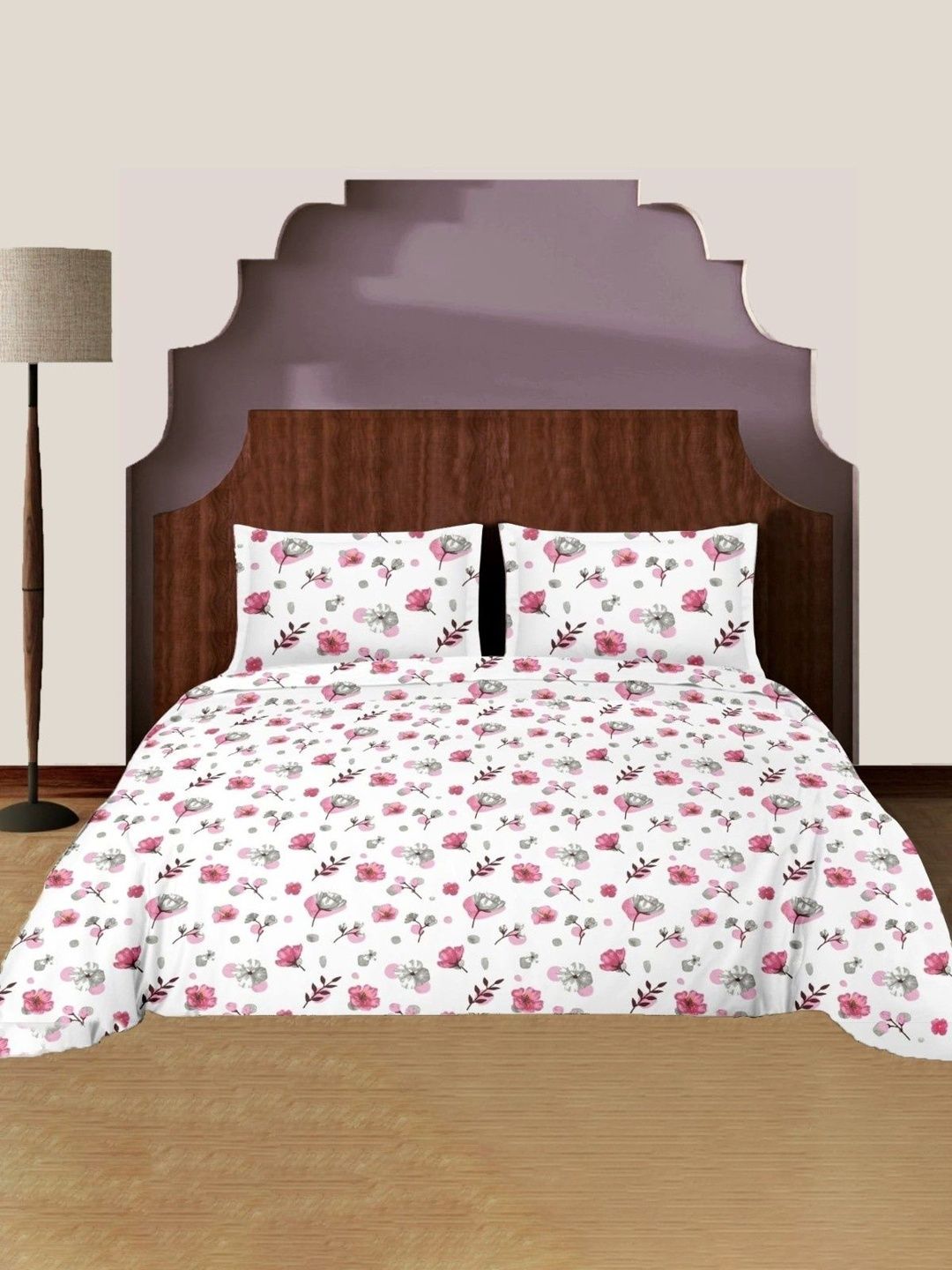Ariana White Floral 144 TC King Bedsheet with 2 Pillow Covers