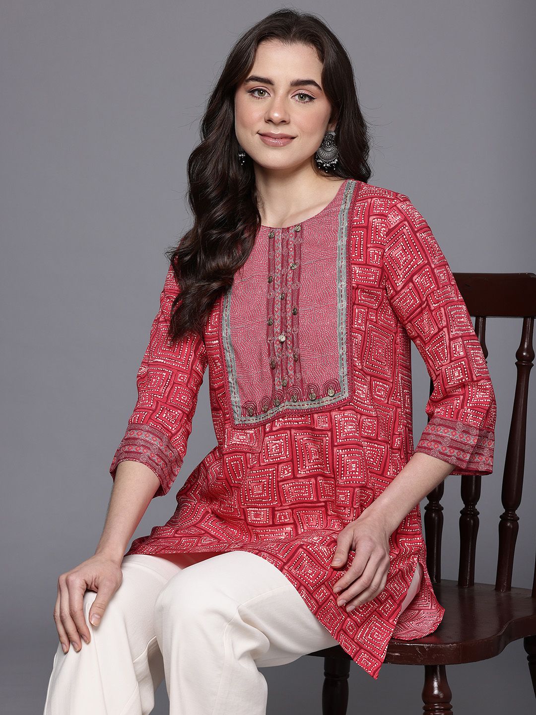 Biba Biba Abstract Printed Straight Kurti with Button Detail