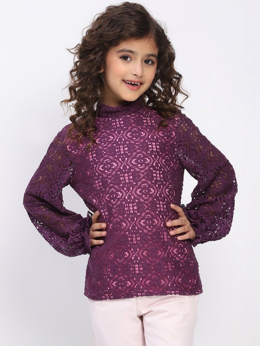 SPUNKIES Girls High Neck Bishop Sleeve Lace Top