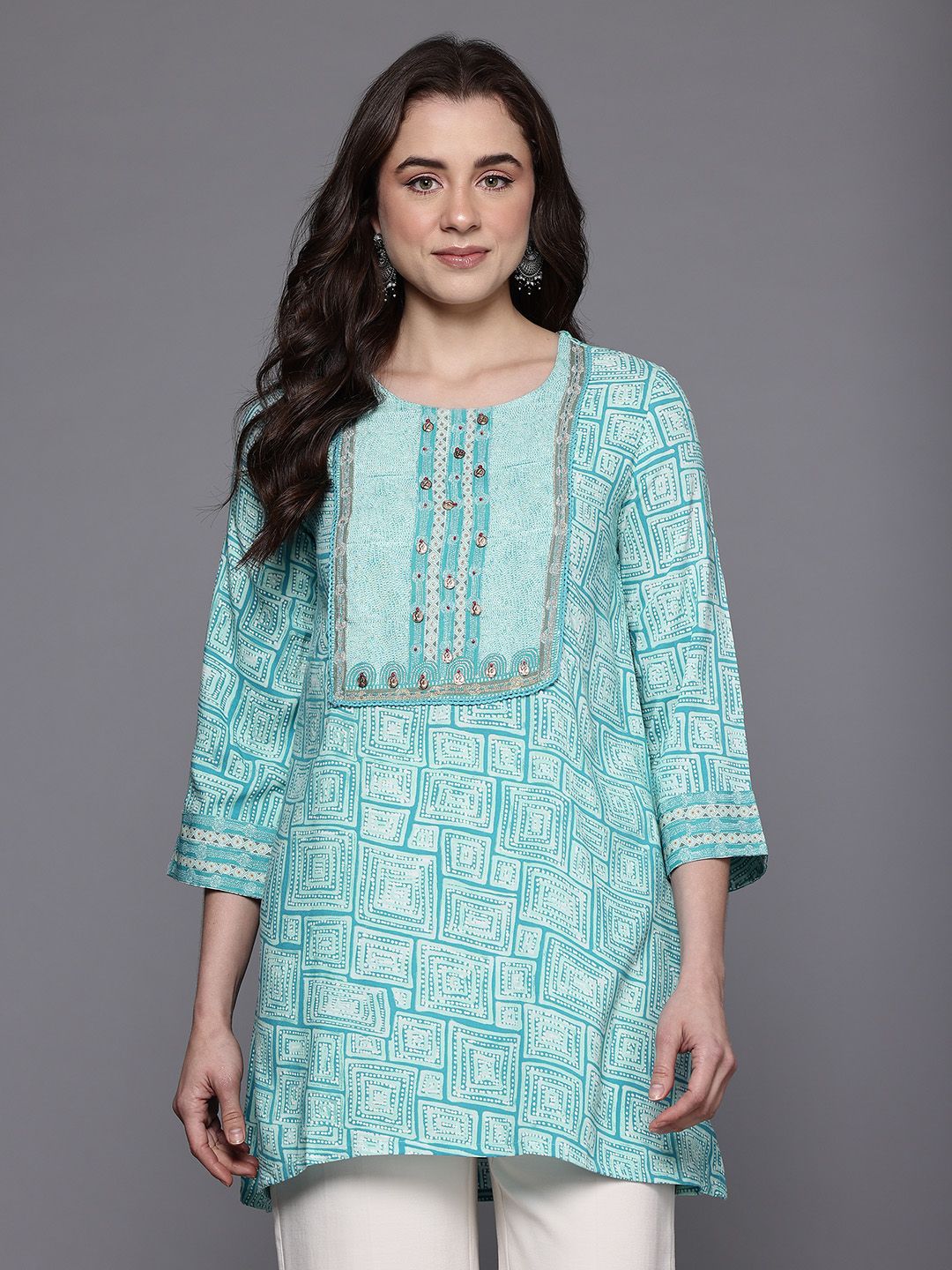 Biba Abstract Printed Straight Kurti with Button Detail
