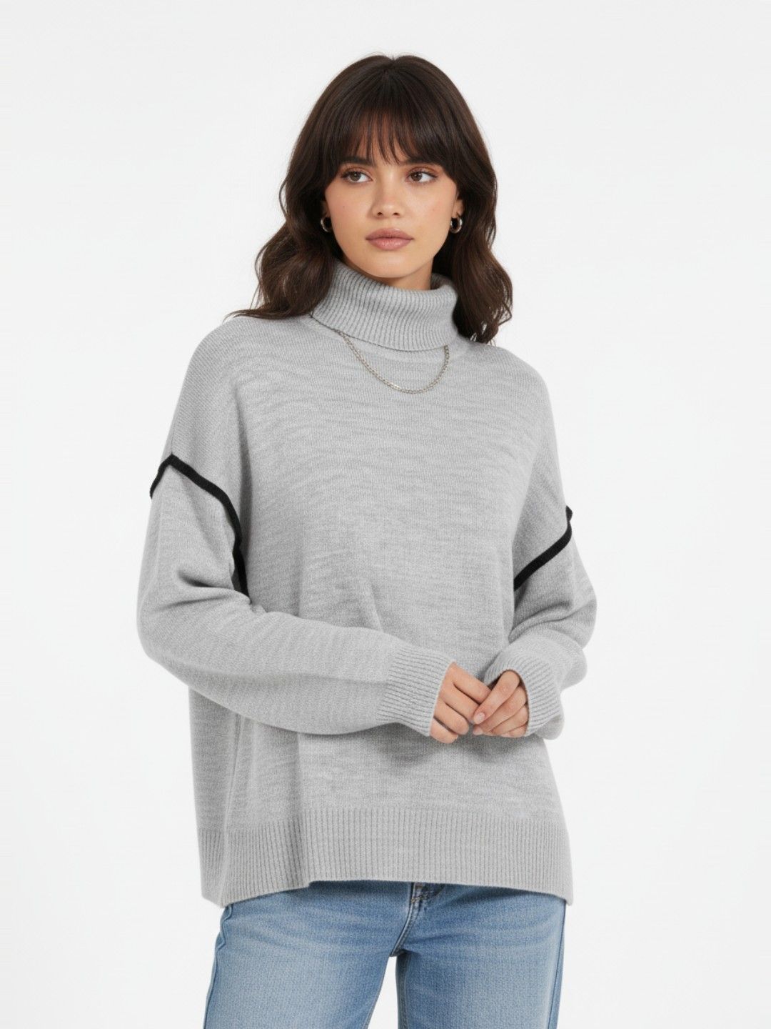 glitchez glitchez Turtle Neck Oversized Pullover with Striped Detail