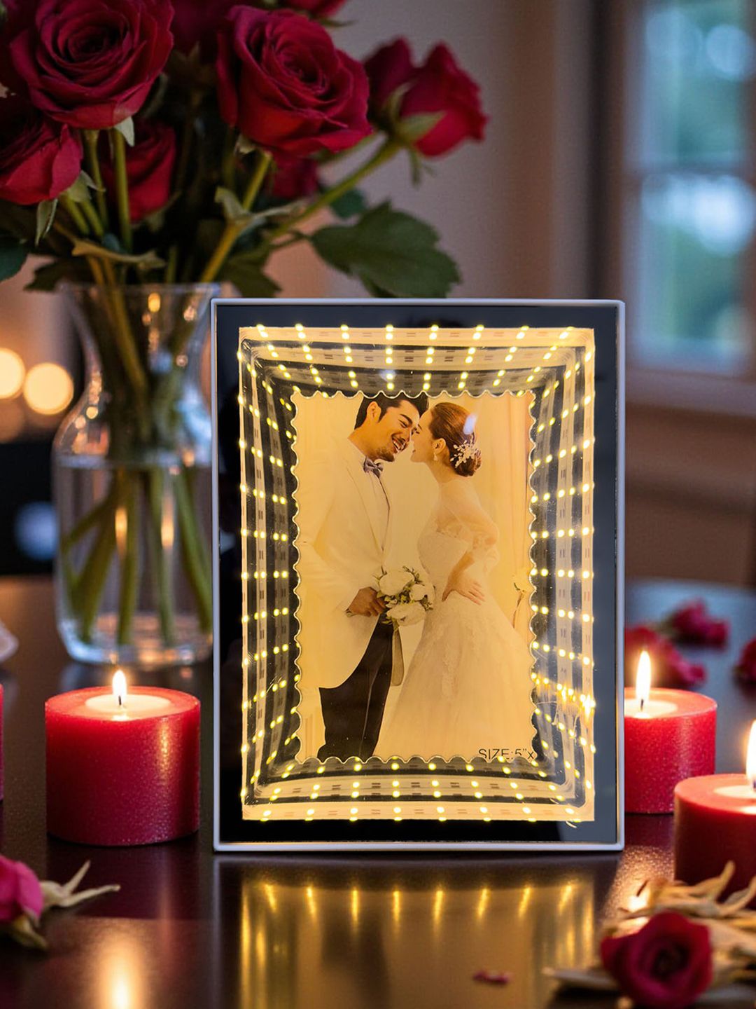Art Street Art Street Black Plastic Valentine Day Gift LED Light Table Photo Frame 7x9 In
