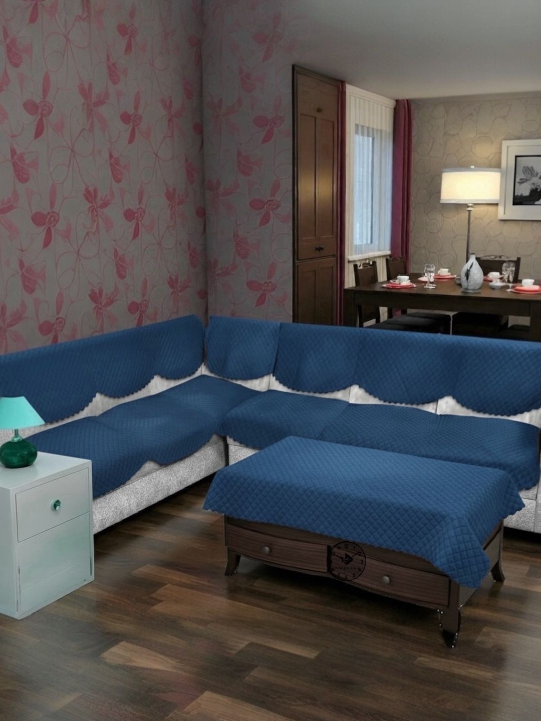 BIGGER FISH Navy Blue Checked Sofa Cover