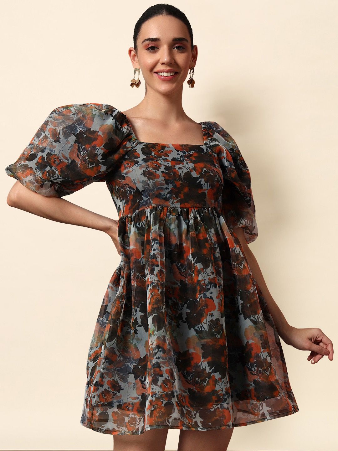 CORSICA Women Square Neck Floral Print Puff Sleeve Fit & Flare Dress
