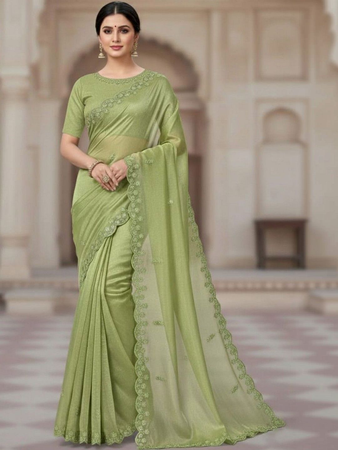 JANOI Embellished Embroidered Silk Blend Heavy Work Fashion Saree