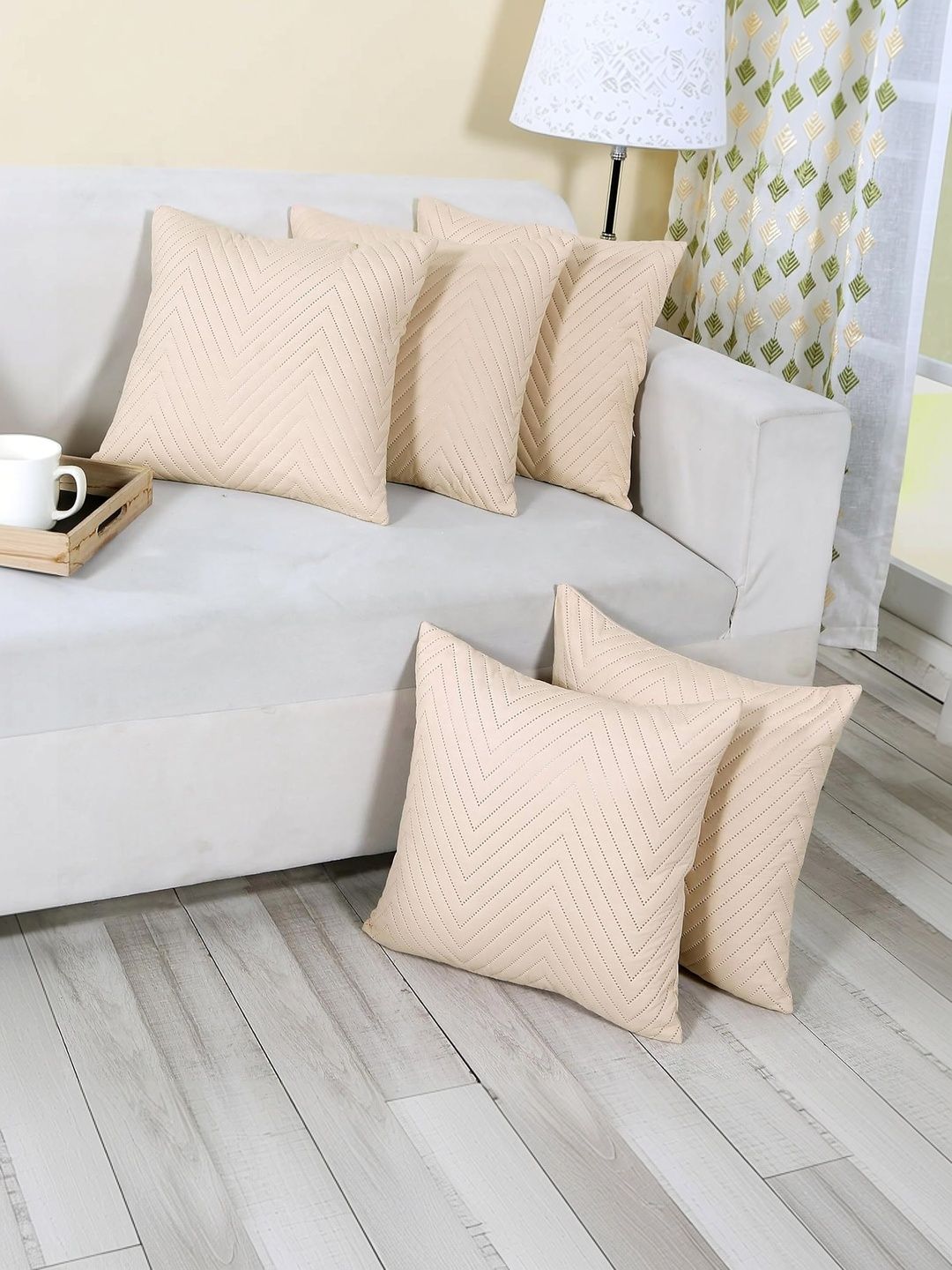 RD TREND Beige Quilted Microfiber Set of 5 Square Cushion Covers 18x18 Inch