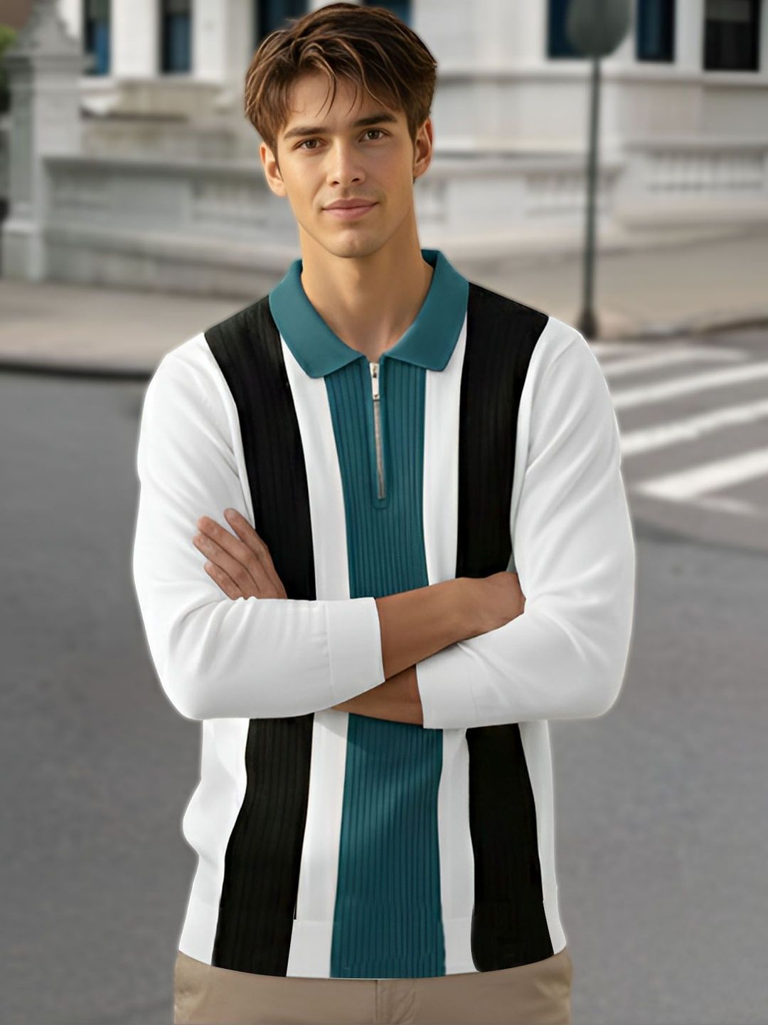 AUSK Men Striped Polo Collar T-shirt