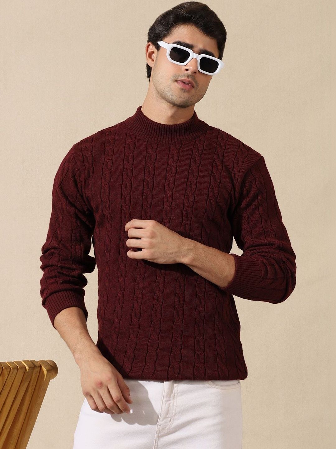 The Roadster Lifestyle Co Self Design Cable Knit High Neck Sweater