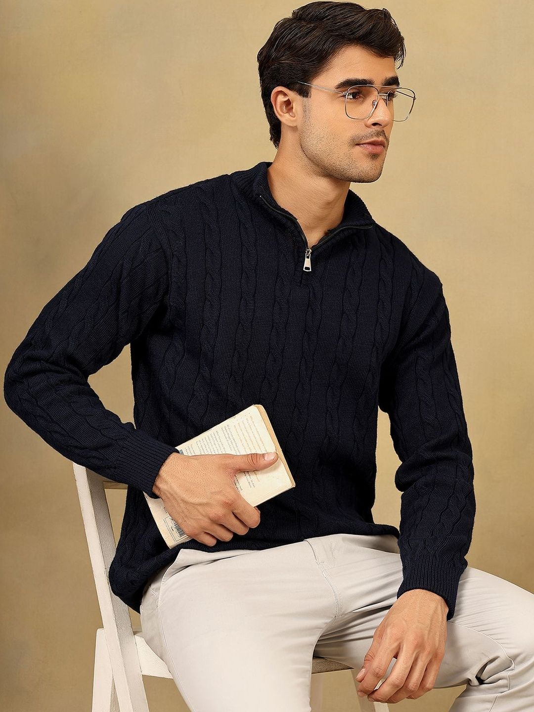 The Roadster Lifestyle Co Cable Knit High Neck Zipper Sweater