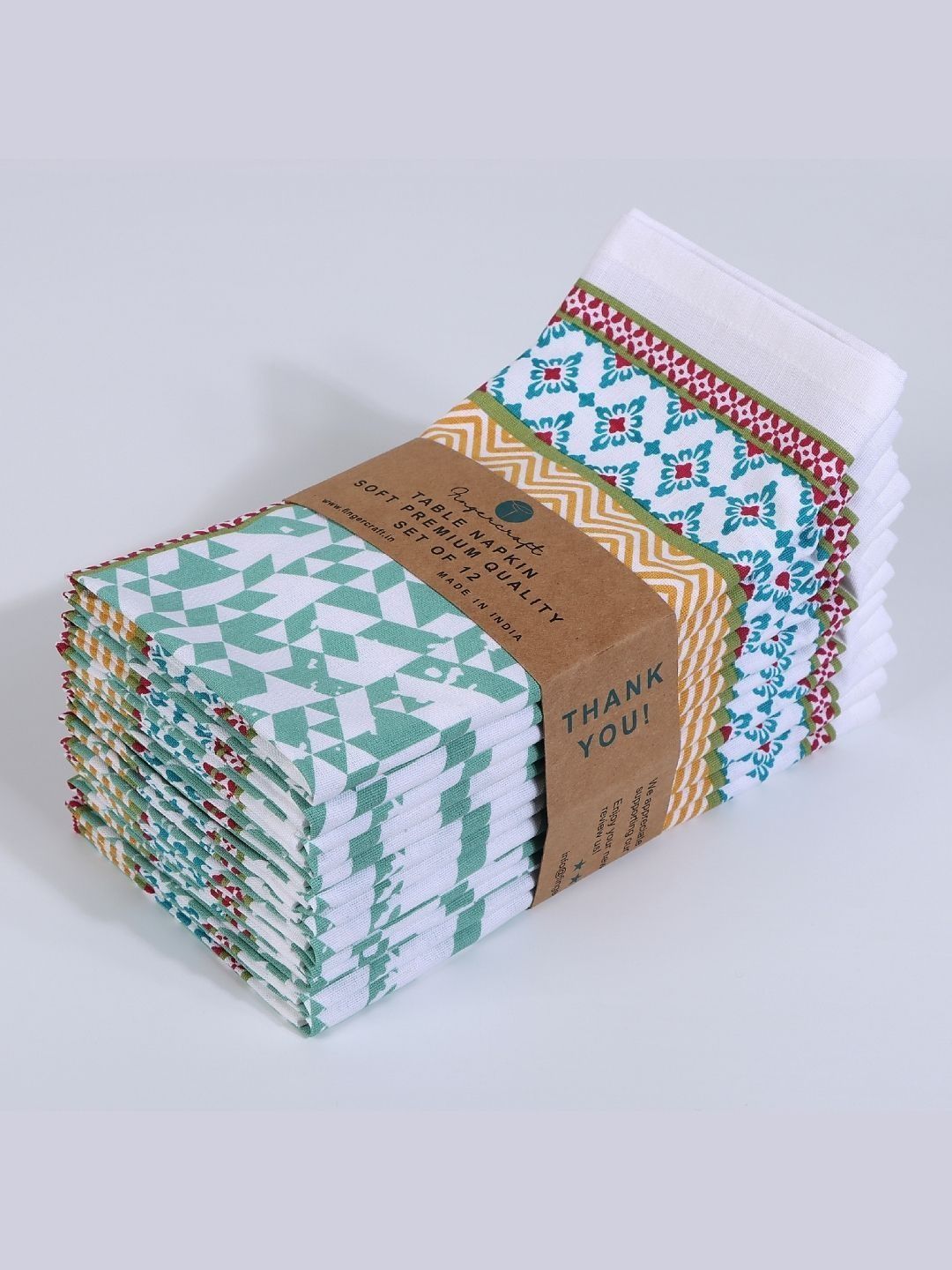 fingercraft 12Pcs White & Green Printed Table Napkins