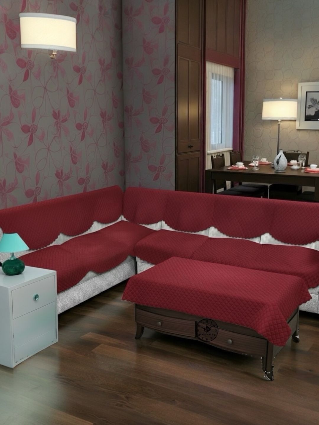 BIGGER FISH Maroon Checked Sofa Cover