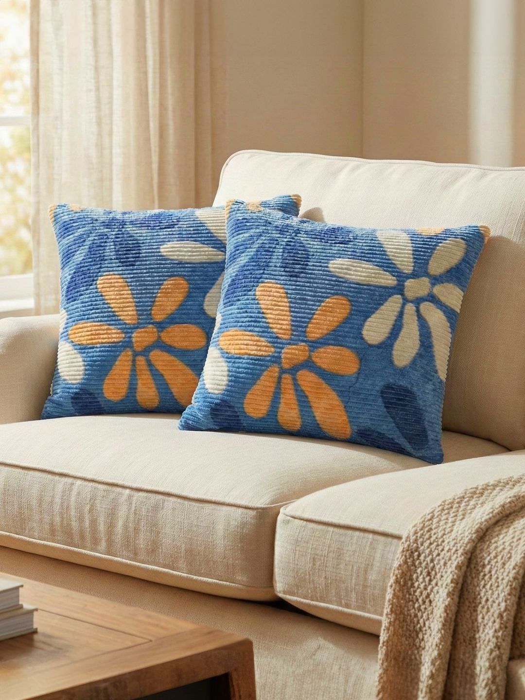 Kaleen India Blue Set of 2 Floral Square Cushion Covers