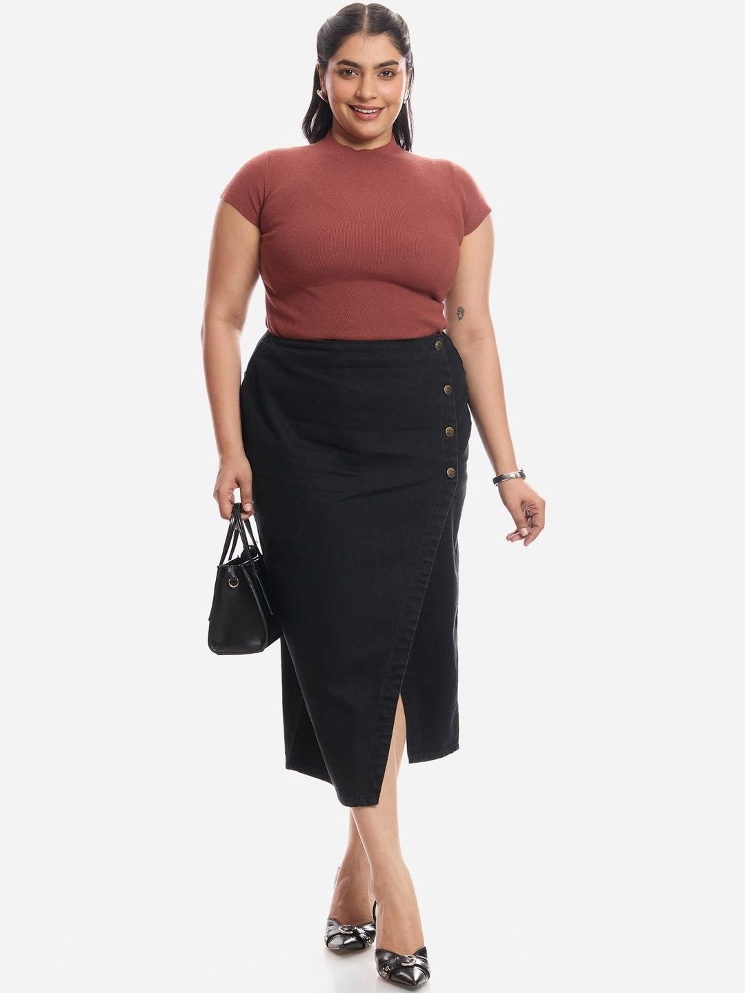 Pure Cotton A-Line Midi Skirts Virgio Solid Pure Cotton Wrap Midi Plus Size Skirt with Slit