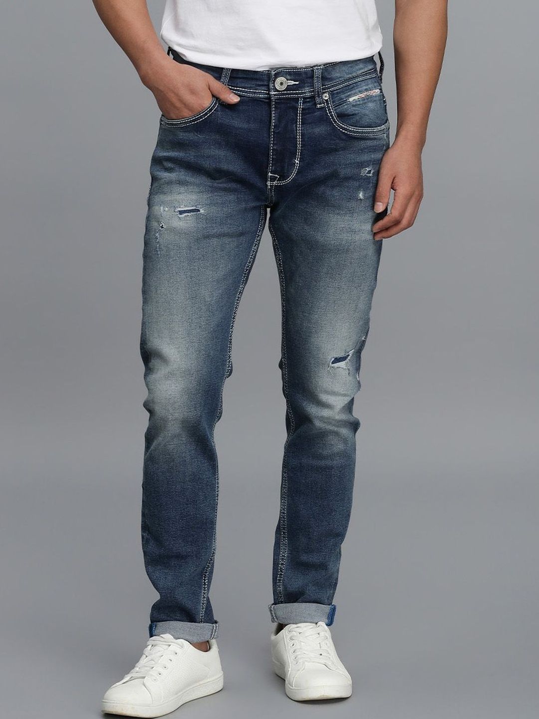 Rookies Men Skinny Fit Low-Rise Mildly Distressed Light Fade Stretchable Jeans