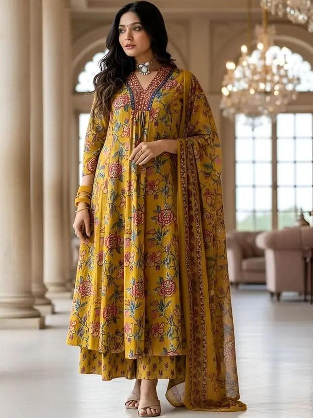 HARIVARNI Women Floral Printed Panelled Pure Cotton Kurta with Trousers & With Dupatta
