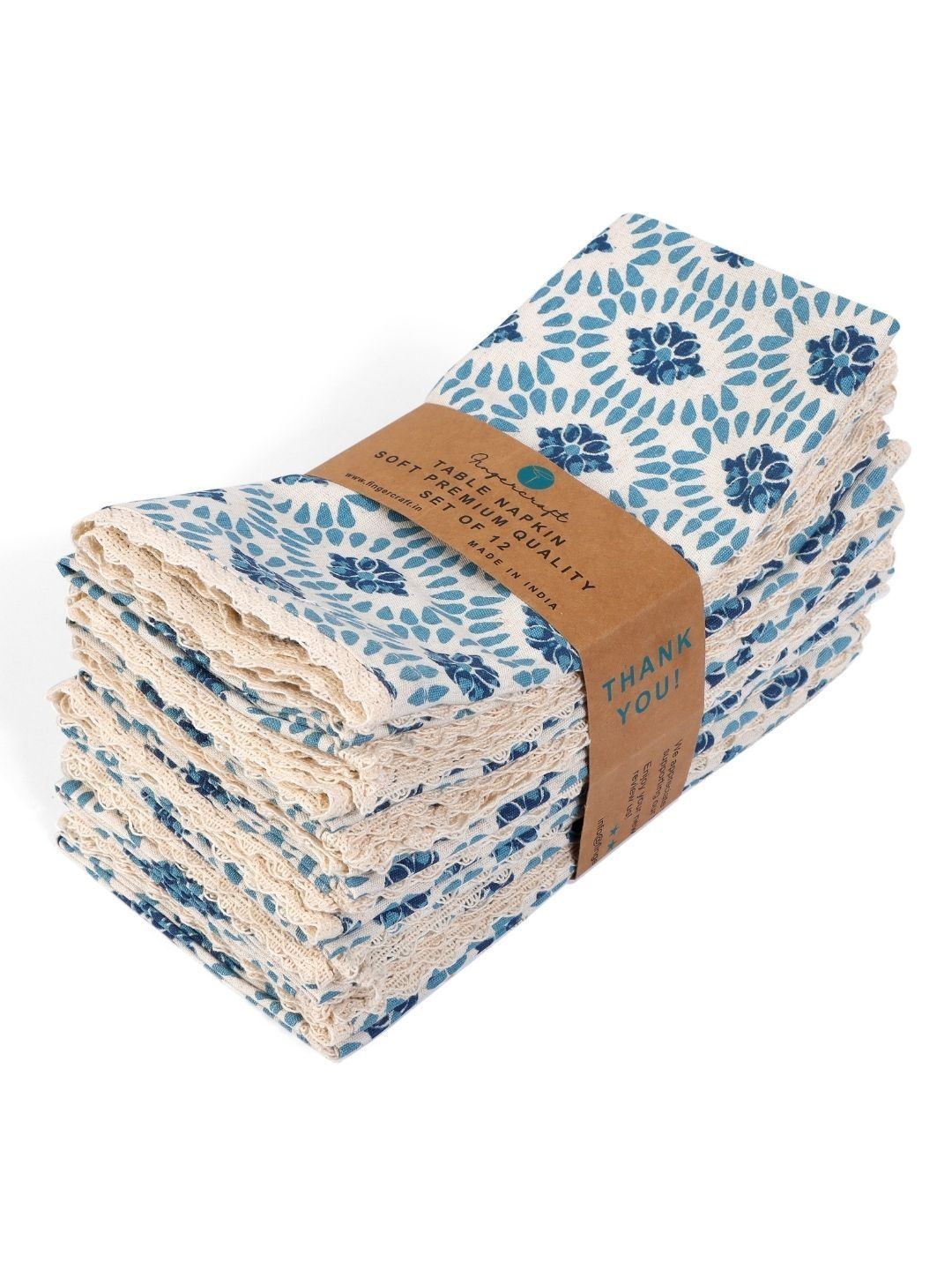 fingercraft 12Pcs Off White & Blue Printed Table Napkins