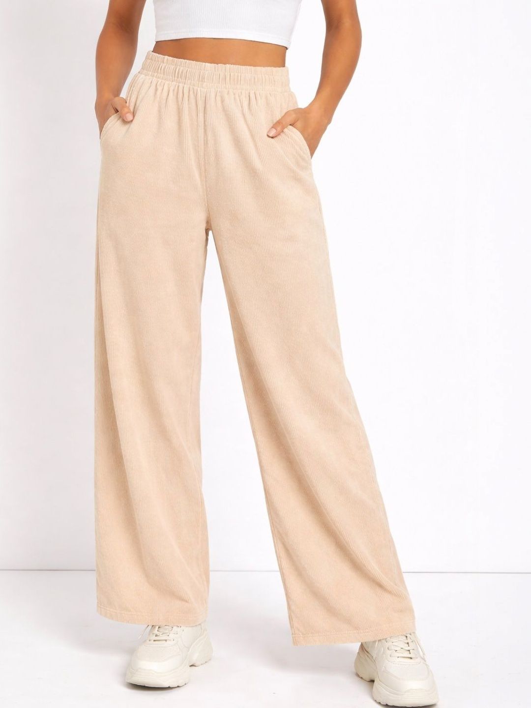 Camey Women Relaxed Straight Leg Loose Fit High-Rise Corduroy Trousers