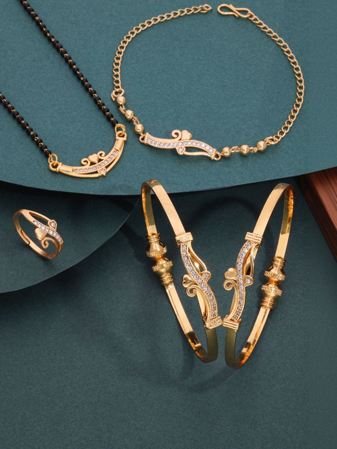 Sangria Set Of 5 Gold Plated American Diamond Studded & Beaded Mangalsutra Set