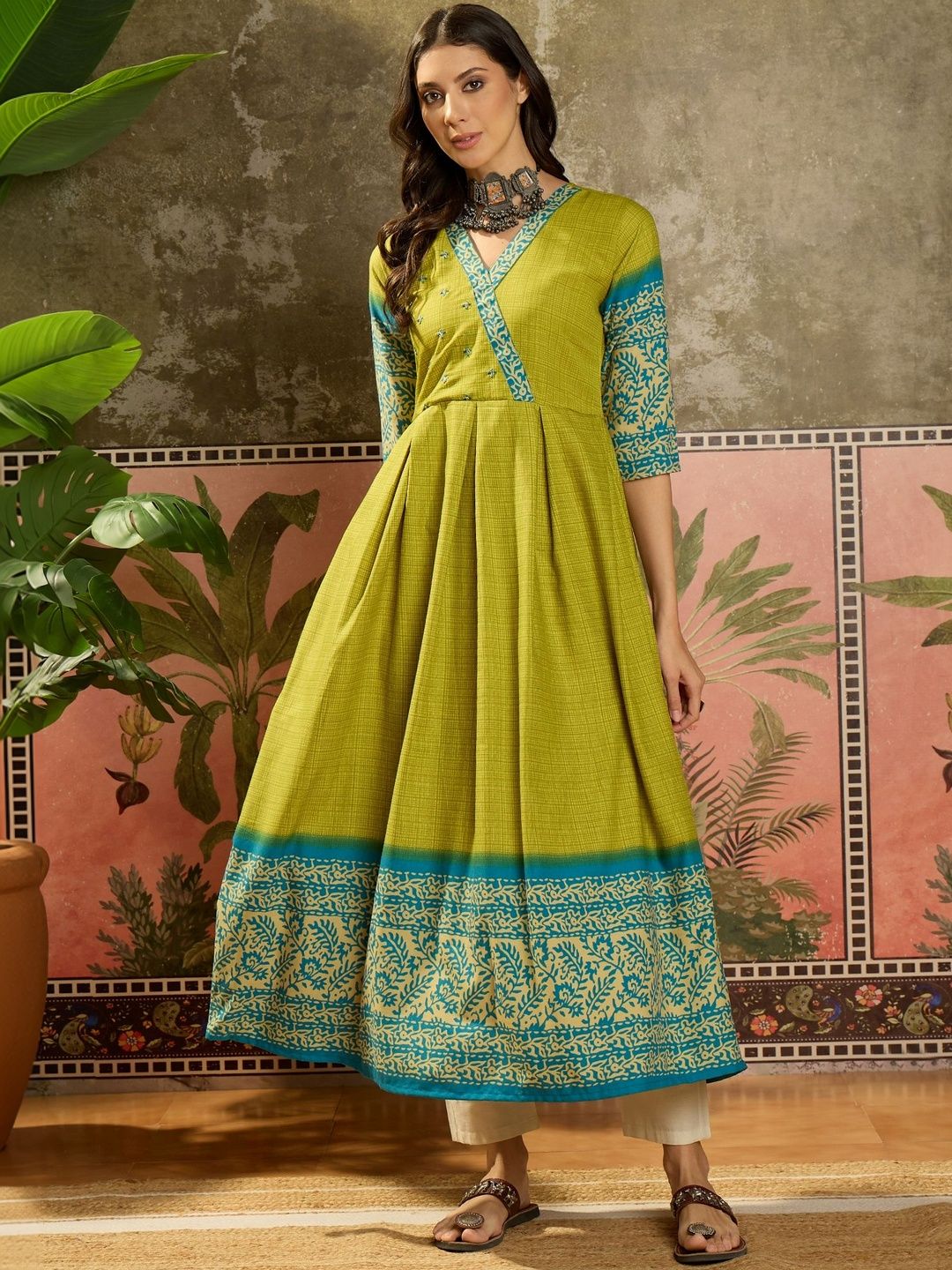 Sangria Printed V-Neck Calf Length Anarkali Kurta