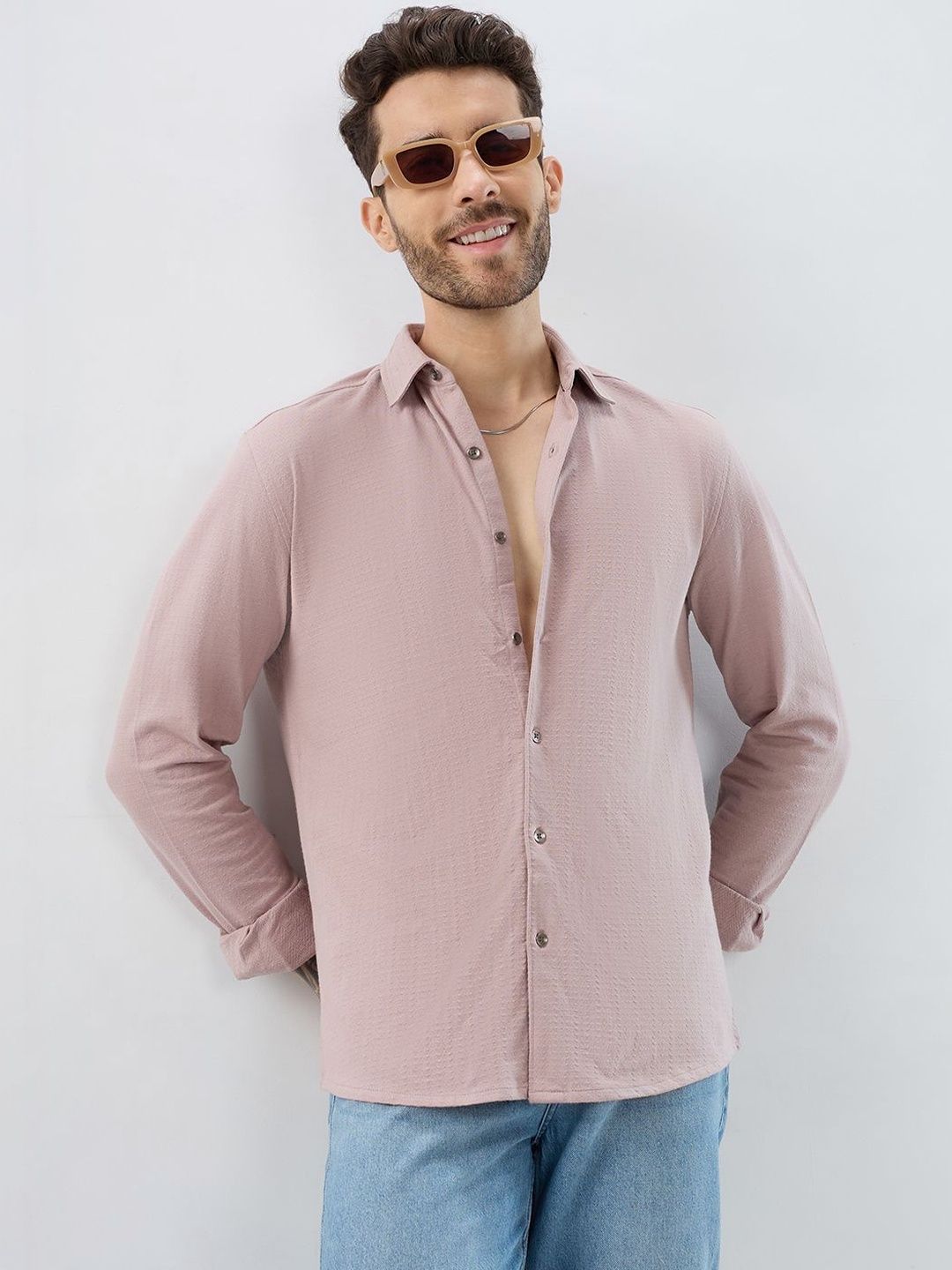 VASTRADO Dusty Rose Textured Cotton Long Sleeves Slim Fit Shirt
