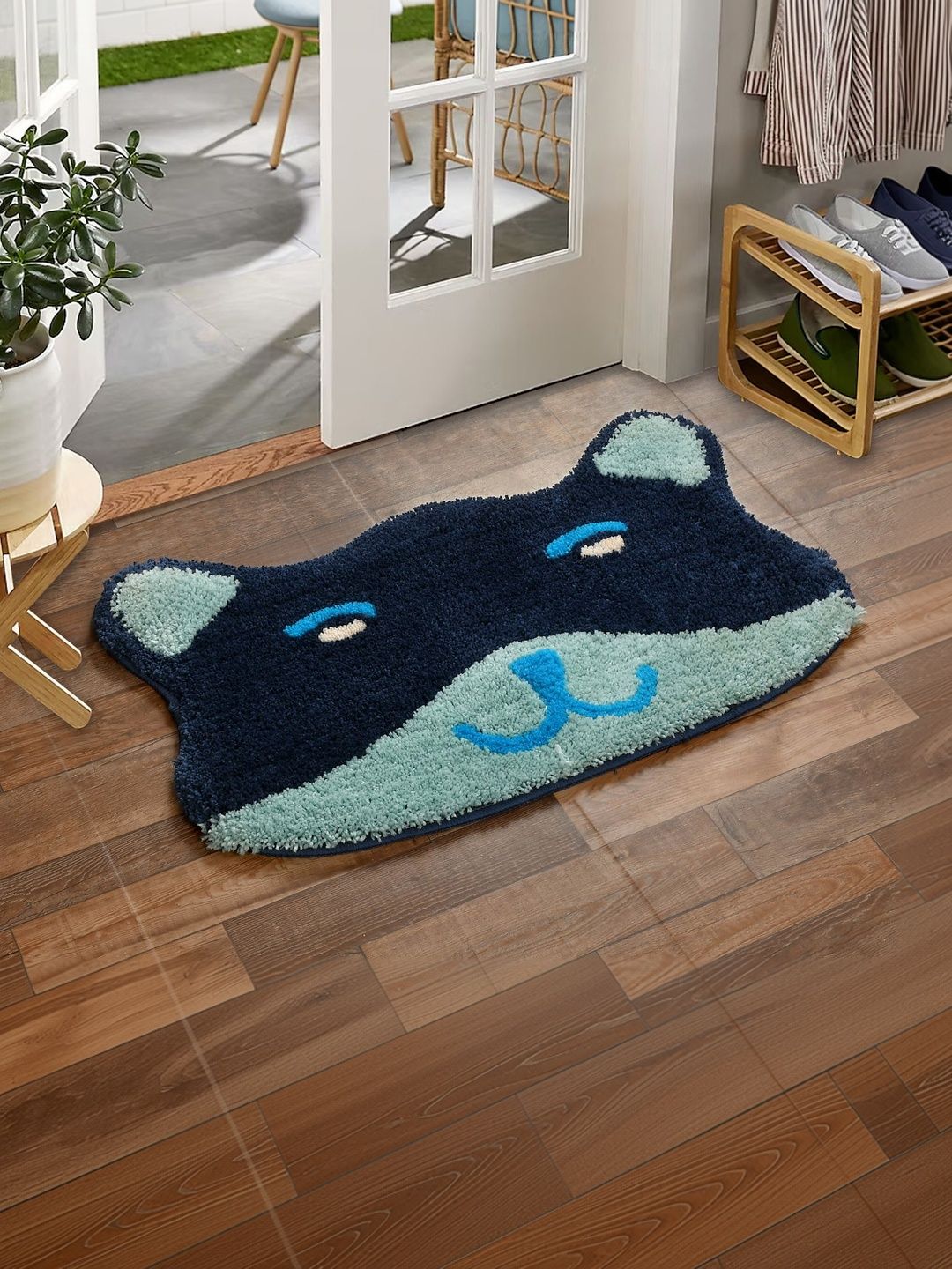 FINE TEX WORLD Blue Self Design Antiskid Microfiber Doormats