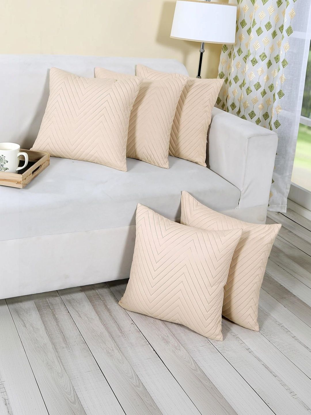 RD TREND Beige Quilted Microfiber Set of 5 Square Cushion Covers 24x24 Inch