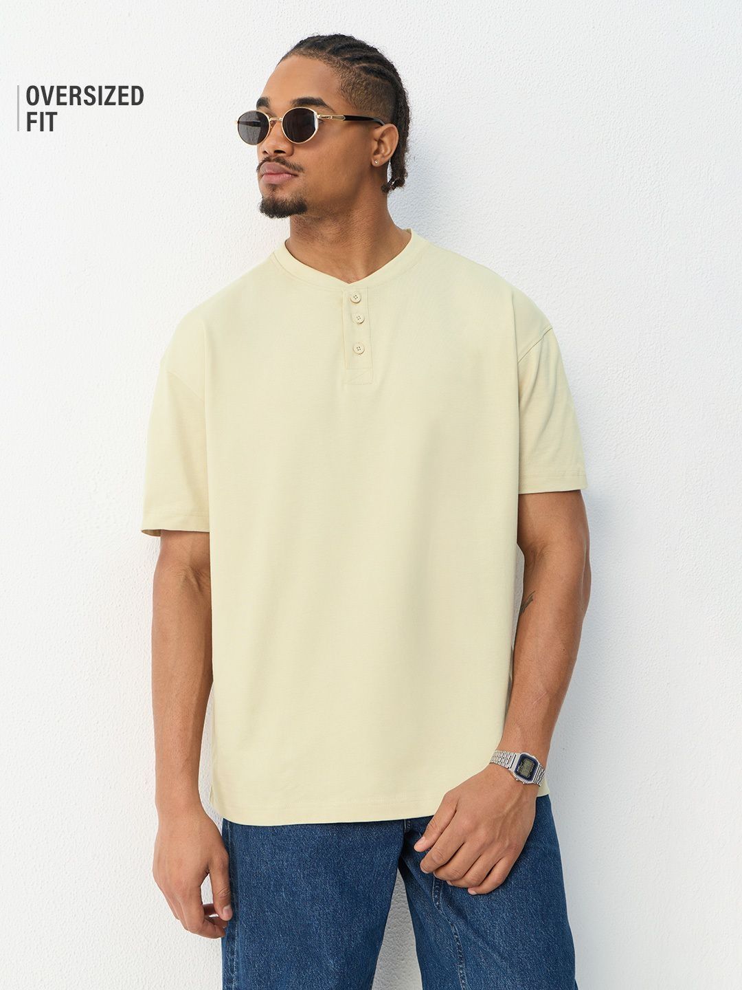 The Souled Store Men Oversized Fit Solid Cream Polos