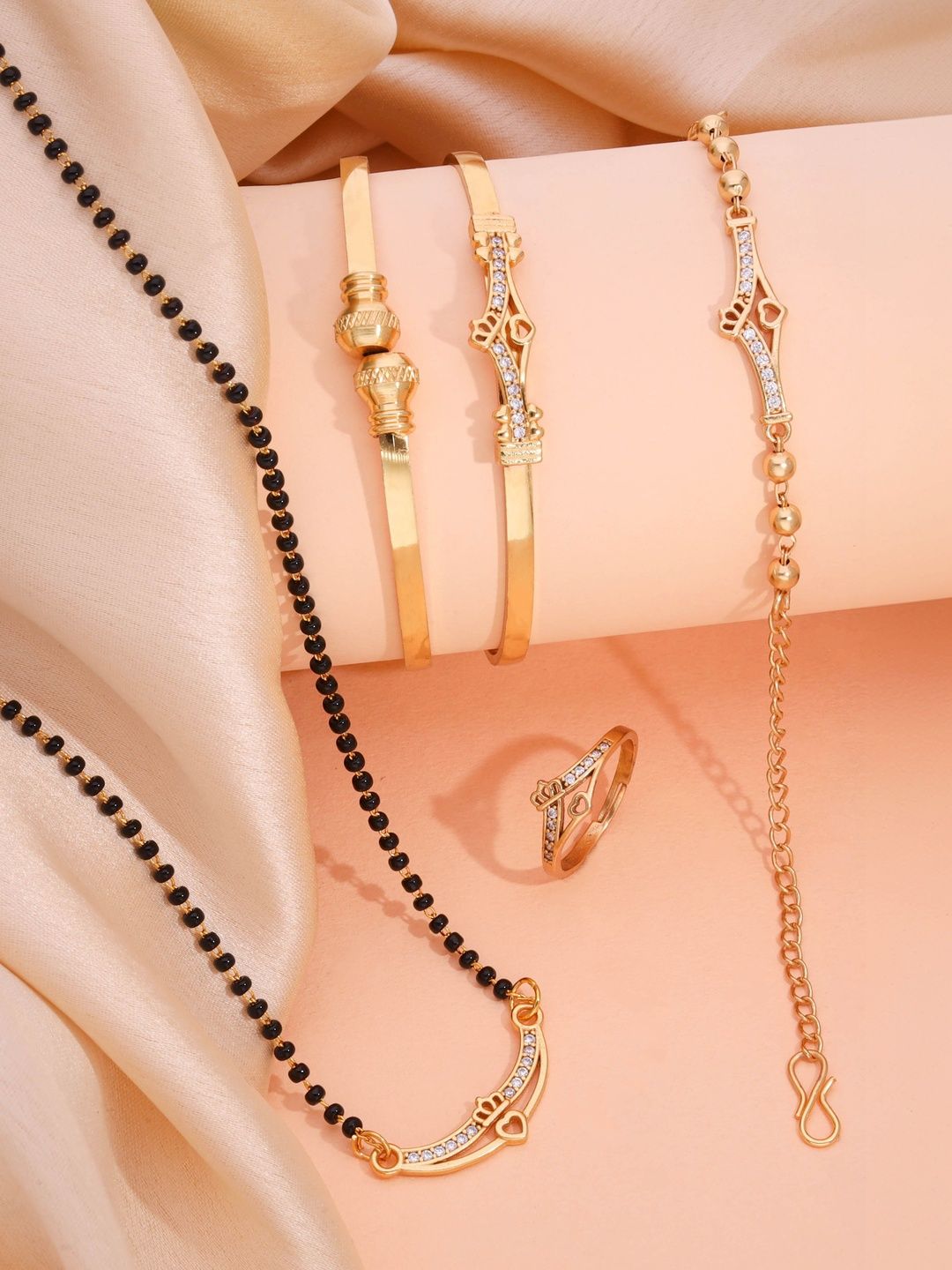 Sangria Gold-Plated American Diamond-Studded Mangalsutra With Bangle Bracelet & Ring