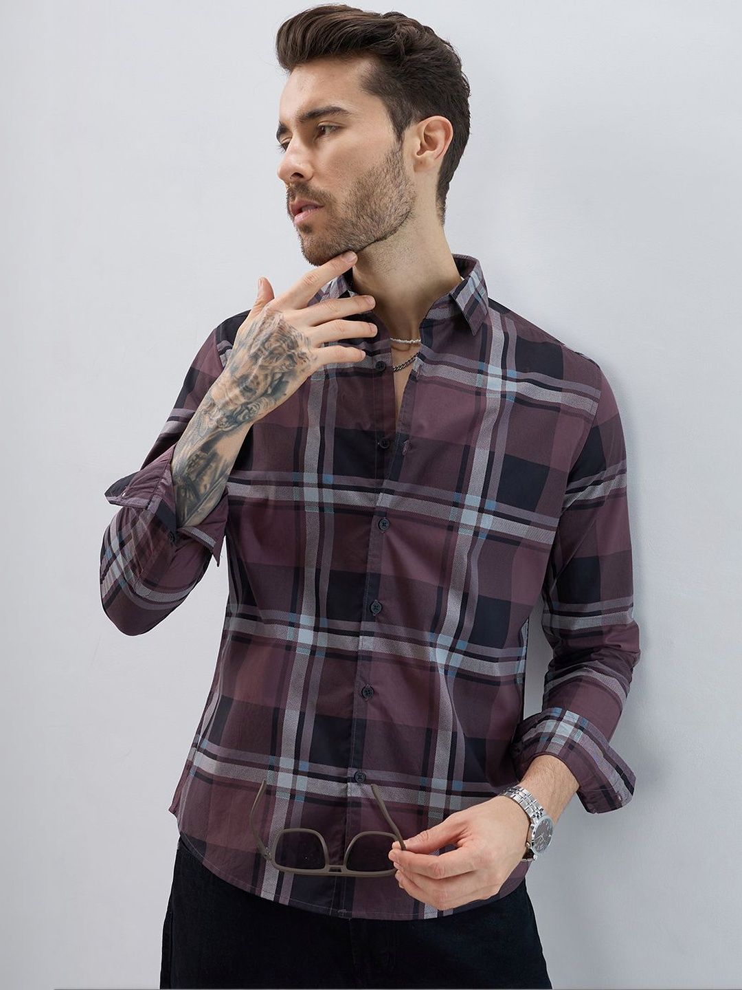 VASTRADO Pecan Checkered Checked Cotton Long Sleeves Slim Fit Shirt