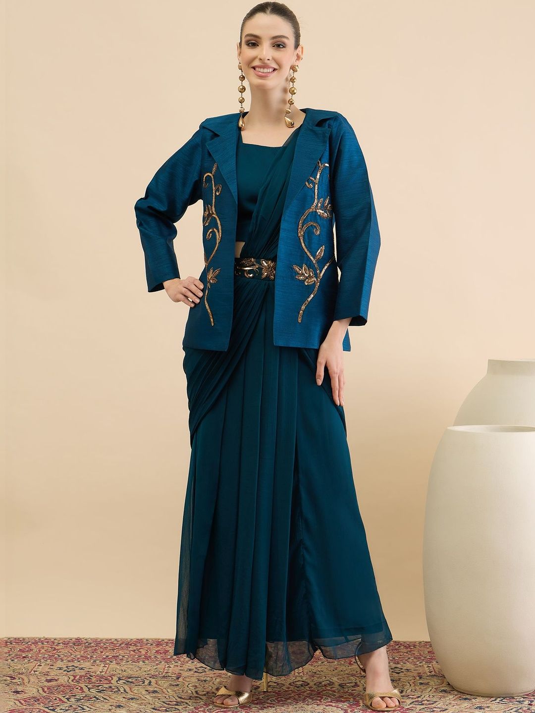 3Pc Embellished Co-ord Set Antheaa Embellished Top Skirt & Coat Set