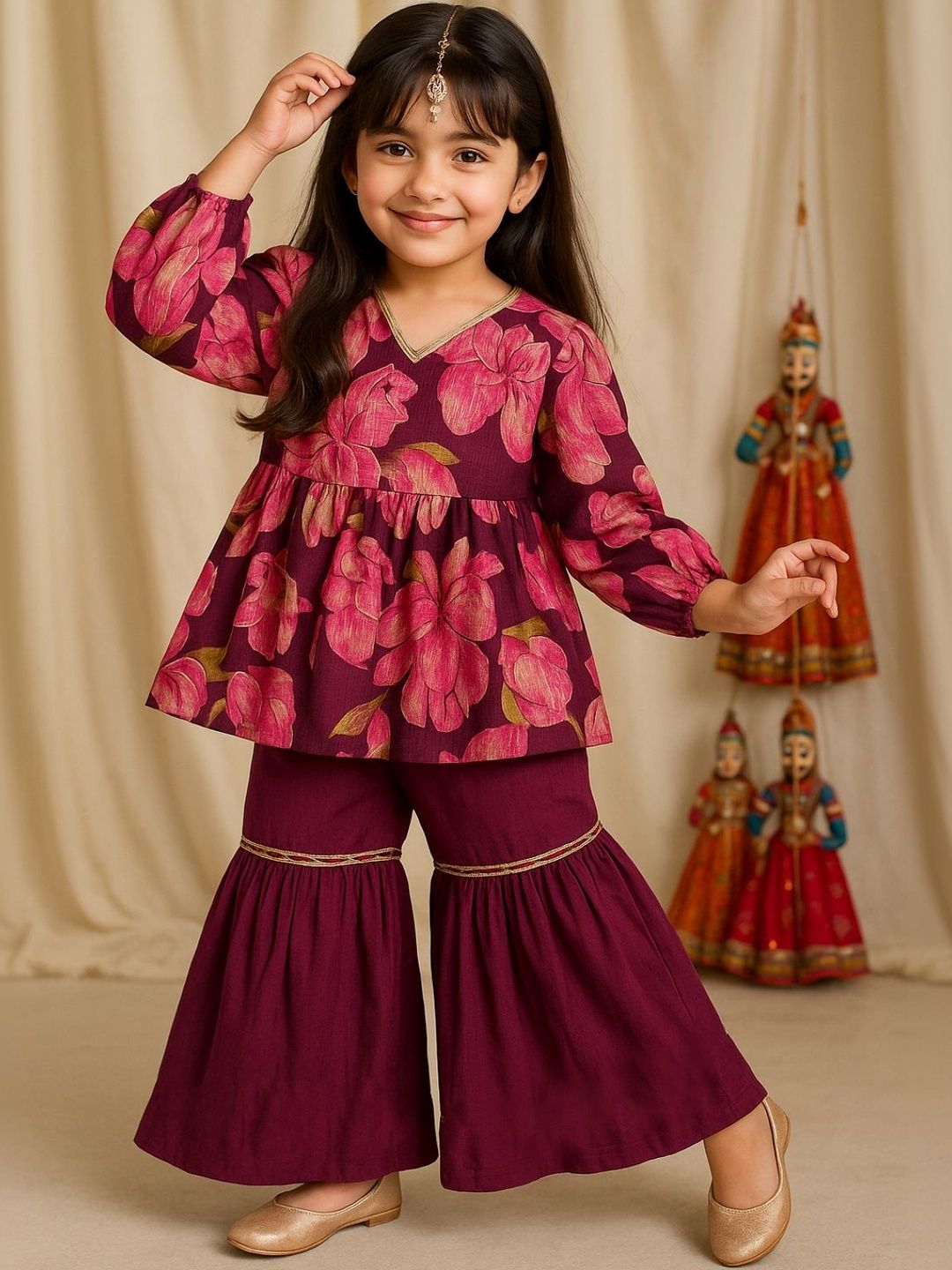 TALES & STORIES Girls Floral Printed Empire Kurti with Sharara