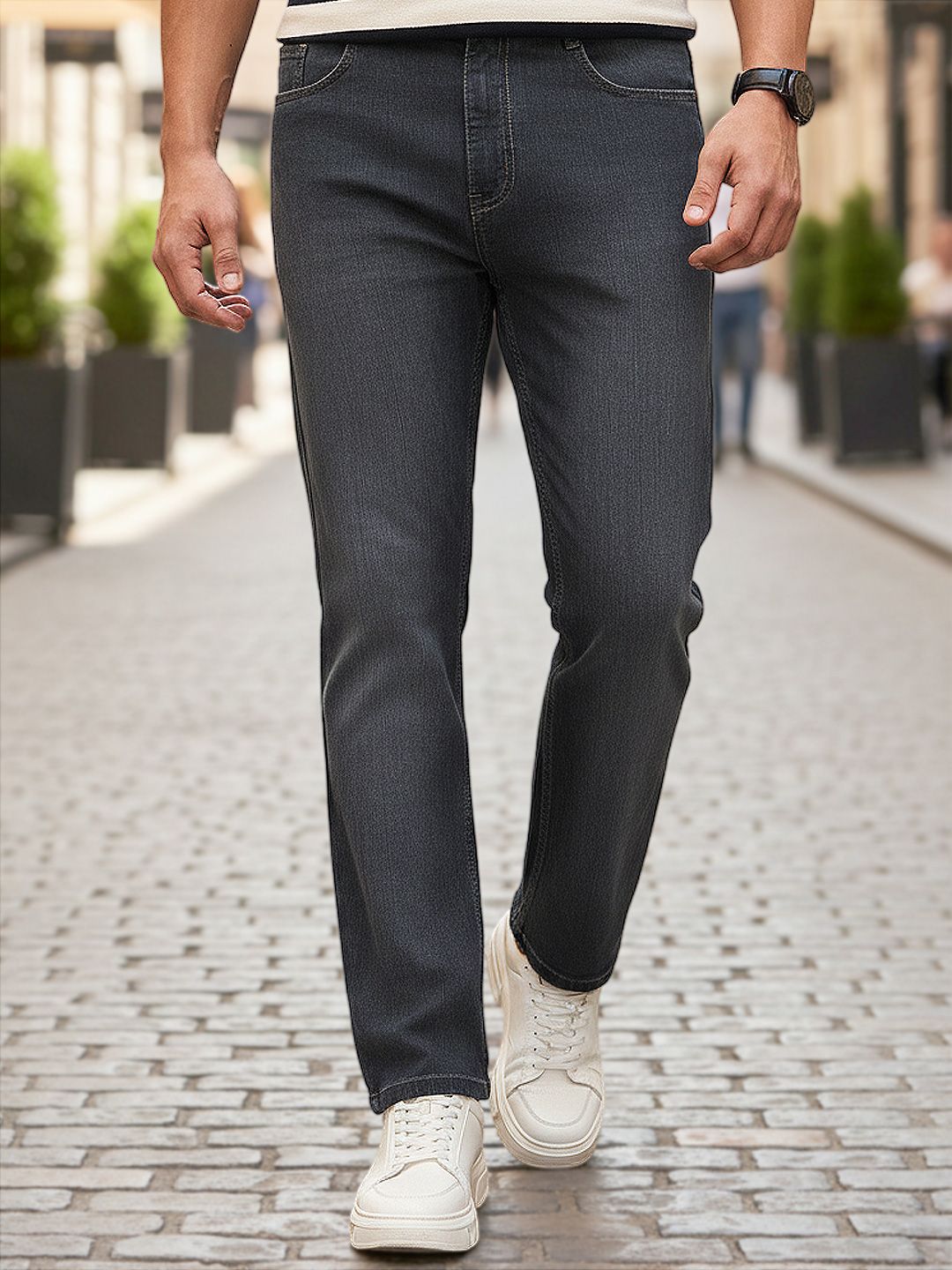 Urbano Fashion Men's Dark Grey Straight Fit Washed Denim Jeans Stretchable
