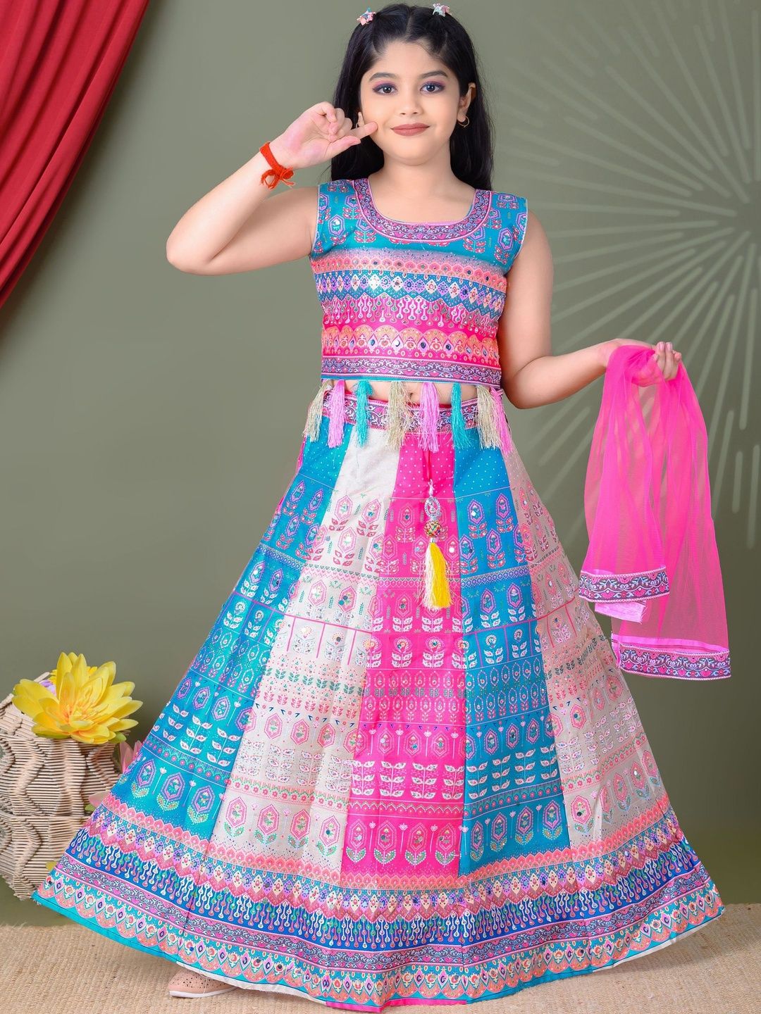 SK DRESSES Girls Embellished Mirror Work Semi-Stitched Lehenga & Blouse With Dupatta