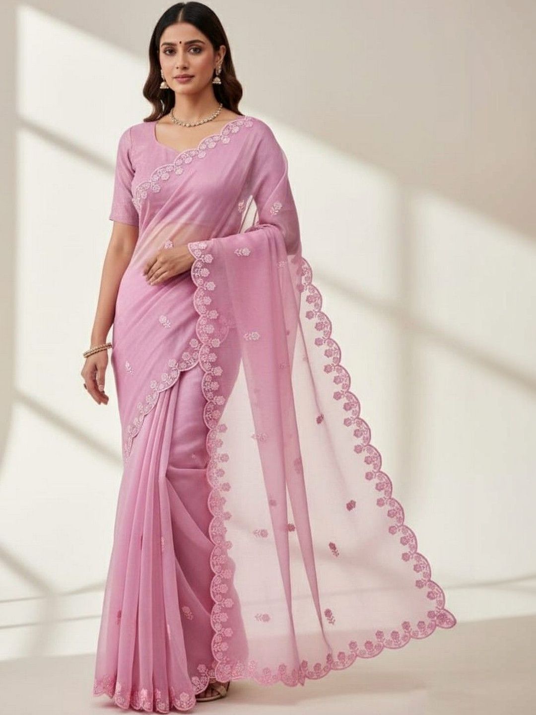 JANOI Embellished Embroidered Silk Blend Fusion Fashion Saree