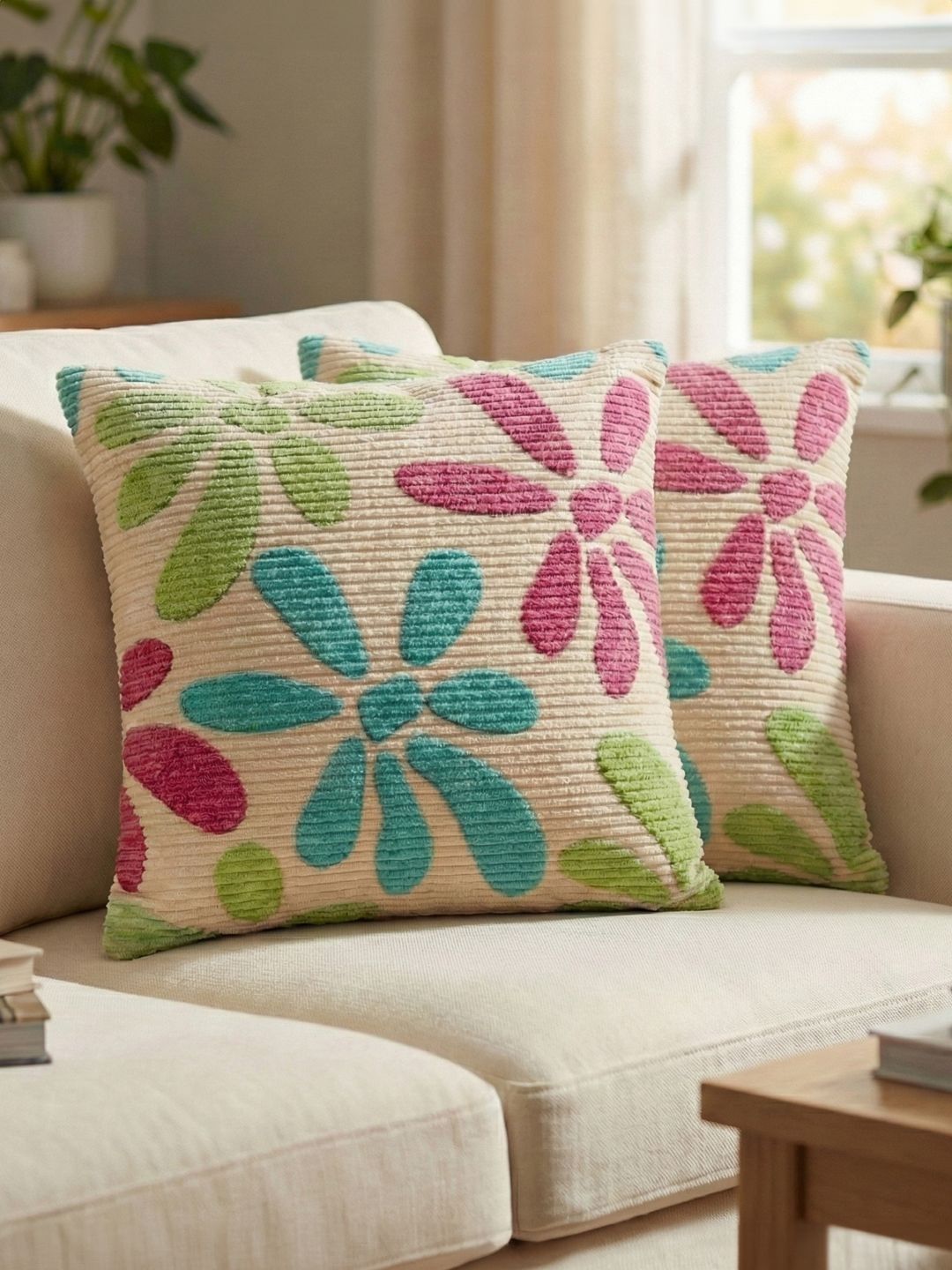 Kaleen India Multicoloured Set of 2 Floral Square Cushion Covers