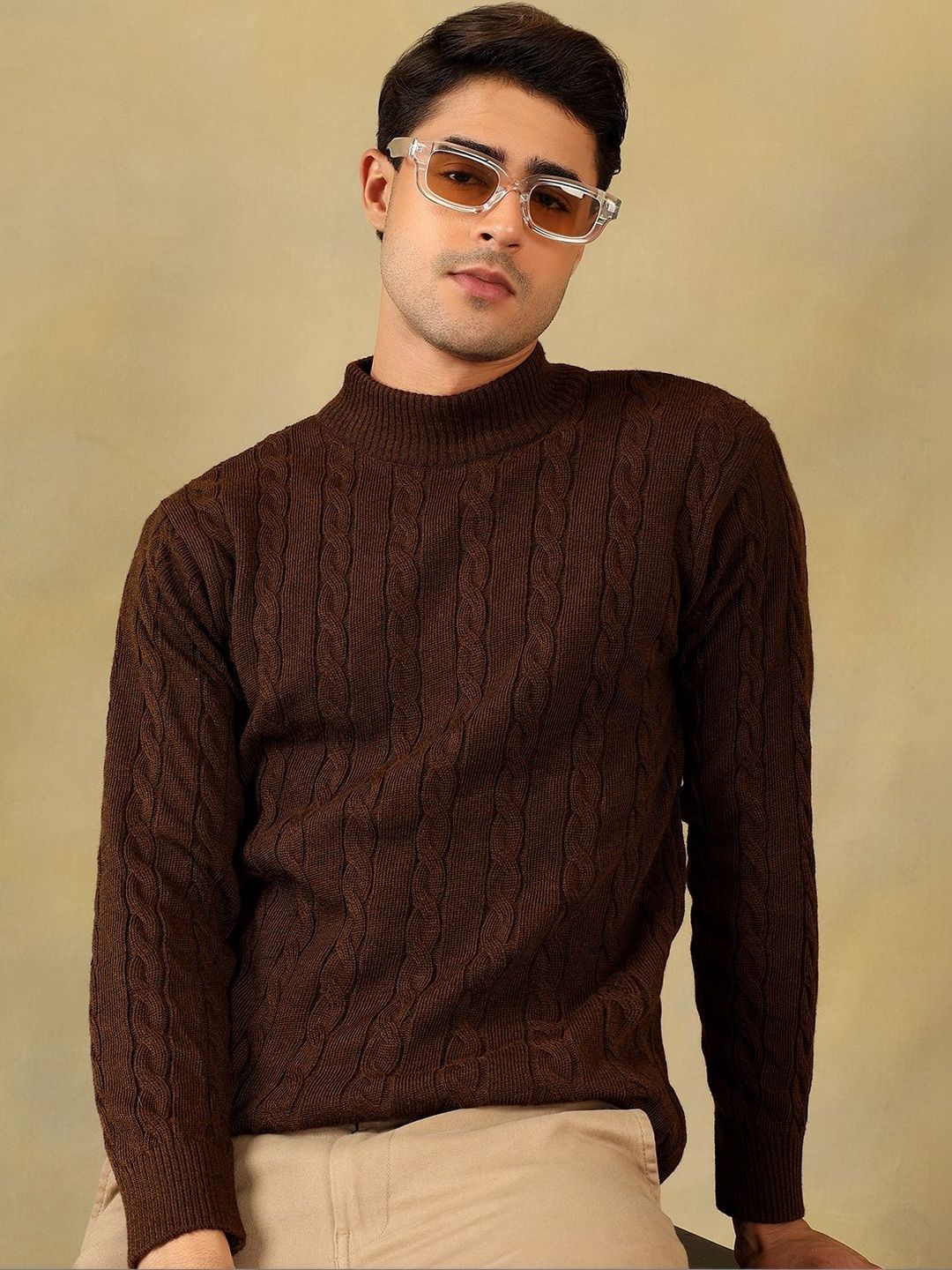 The Roadster Lifestyle Co Self Design Cable Knit High Neck Sweater