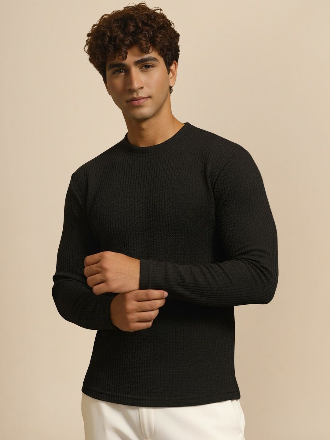 COFFEE BITE Self Design Round Neck Casual T-Shirt